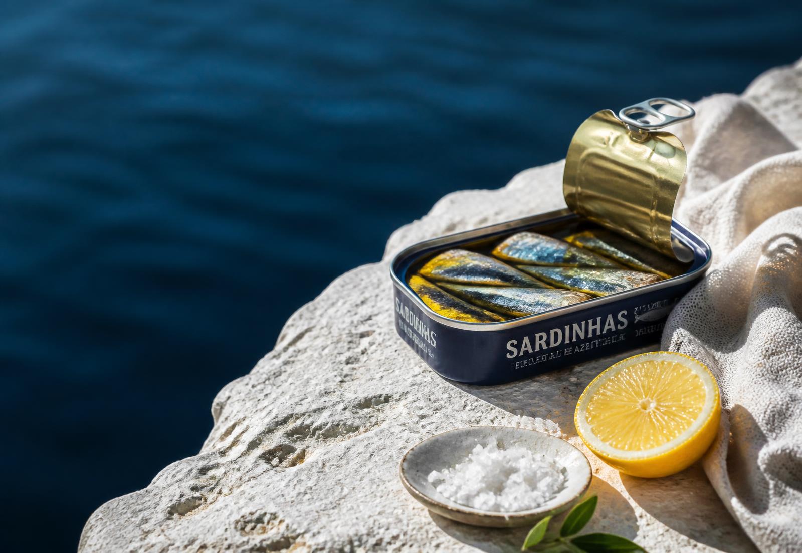 Open Portuguese sardine tin on white stone beside the Atlantic